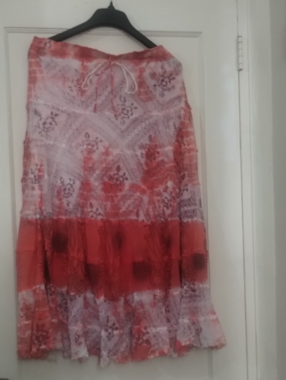 Boho Red Patterned Tiered Maxi Skirt with Drawstring Waist